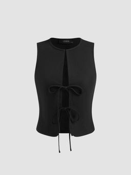 Cider - Linen-blend Round Neckline Solid Knotted Cut Out Top