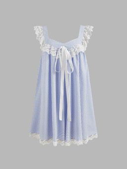 Cider - Sweetheart Gingham Lace Trim Babydoll Knotted Mini Dress
