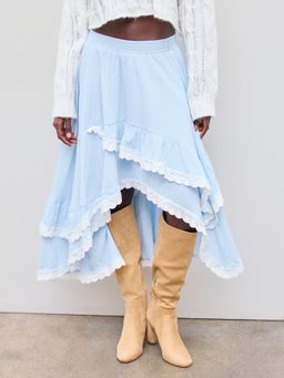 Cider - 100% Cotton Mid Rise Solid Broderie Anglaise Asymmetrical Hem Ruffle Layered Maxi Skirt