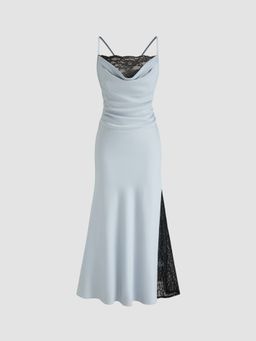 Cider - Satin Cowl Neck Lace Split Maxi Dress
