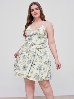 Cider - Woven V-neck Floral Layered Ruched Ruffle Mini Dress Curve & Plus