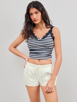 Cider - Cotton-blend V-neck Striped Lace Trim Bowknot Crop Cami Top