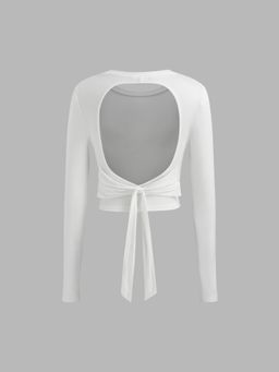 Cider - Round Neckline Solid Knotted Backless Long Sleeve Crop Tee