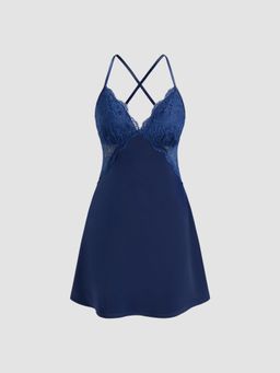 Cider - Satin V-neck Solid Criss Cross Lace Mini Dress