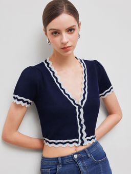 Cider - Knit V-neck Solid Wave Contrasting Binding Short Sleeve Crop Top
