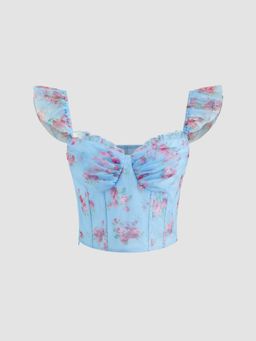 Cider - Mesh Sweetheart Neckline Floral Crop Tank Top