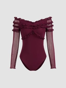 Cider - Mesh V-neck Solid Lettuce Trim Bodysuit