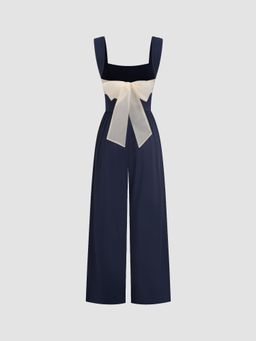 Cider - Square Neck Solid Ruched Bowknot Jumpsuit