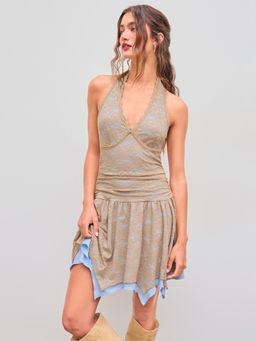 Cider - Lace Halter Neckline Two Tone Ruched Ruffle Layered Mini Dress