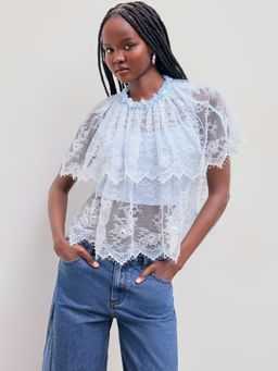 Cider - Lace Round Neckline Lettuce Trim See-through Blouse With Solid Crop Cami Top