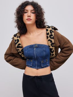 Cider - Denim Solid Button Cargo Crop Tube Top