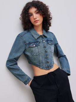 Cider - High Stretch Denim Collar Solid Button Crop Jacket
