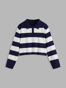 Cider - Knit Polo Striped Crop Long Sleeve Top