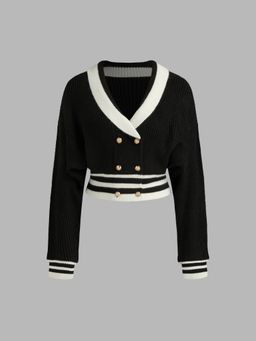 Cider - Knit V-neck Solid Button Contrasting Binding Cardigan