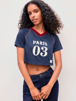 Cider - Paris 03 V-neck Graphic Contrasting Binding Crop Tee