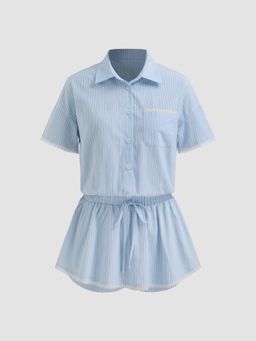 Cider - Cotton-blend Collar Striped Lace Trim Mini Shirt Dress
