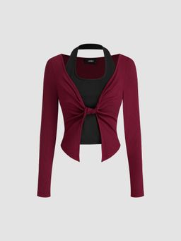 Cider - U-neckline Two Tone Twist Long Sleeve Top