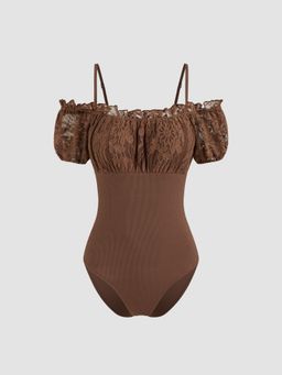 Cider - Off-shoulder Solid Lace Lettuce Trim Bodysuit