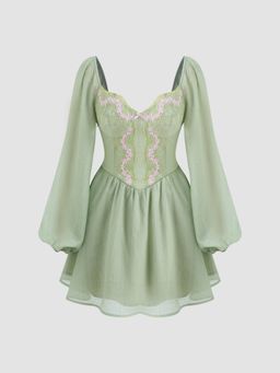 Cider - Cotton-blend Sweetheart Neckline Floral Embroidery Ruffle Mini Dress