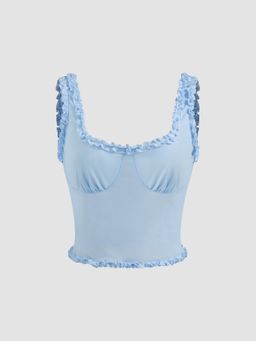 Cider - Mesh Square Neck Solid Lettuce Trim Crop Cami Top