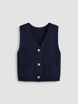 Cider - Knit V-neck Solid Button Pocket Crop Vest
