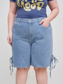 Cider - Denim Mid Rise Striped Knotted Pocket Knee Length Wide Leg Shorts Curve & Plus