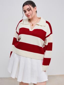 Cider - Knit Polo Collar Striped Sweater Curve & Plus