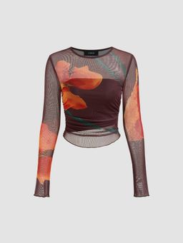 Cider - Mesh Round Neckline Floral Top With Solid Crop Tube Top