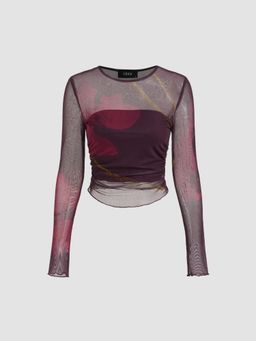 Cider - Mesh Round Neckline Floral Top With Solid Crop Tube Top