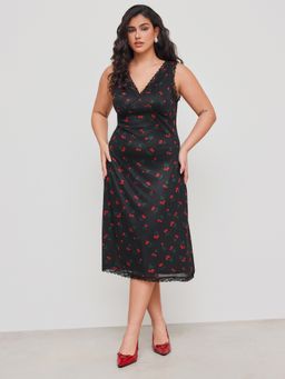 Cider - Mesh V-neck Cherry Midi Dress Curve & Plus