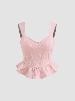Cider - Jacquard Sweetheart Neckline Corset Shirred Ruffle Hem Crop Tank Top