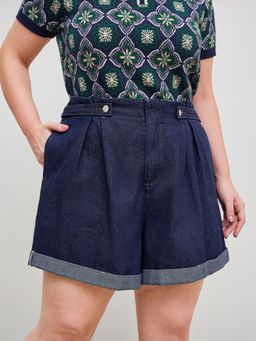 Cider - Denim Mid Rise Solid Roll Hem Button Pocket Shorts Curve & Plus