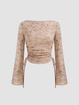 Cider - Mesh Boat Neck Abstract Ruched Drawstring Long Sleeve Top