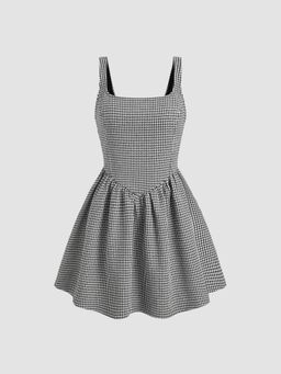 Cider - Tweed Square Neck Houndstooth Zipper Mini Dress