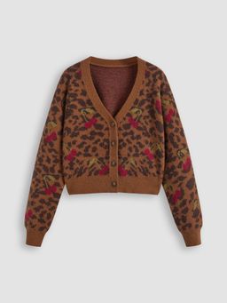 Cider - Knit V-neck Leopard Cherry Button Cardigan