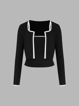 Cider - Knitted Round Neckline Solid Contrasting Binding Long Sleeve Top With Crop Cami Top