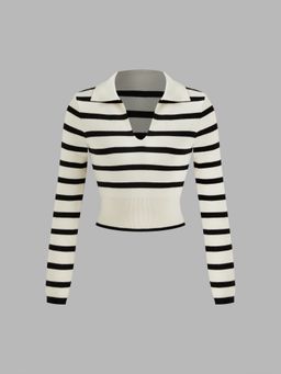 Cider - Knitted V-neck Striped Long Sleeve Crop Top