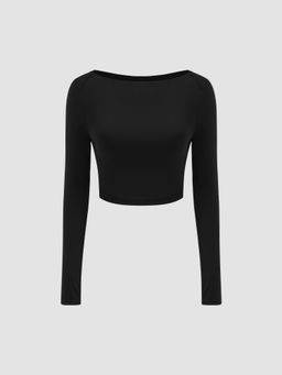 Cider - Second Skin Double Layered Boat Neck Solid Crop Long Sleeve Tee
