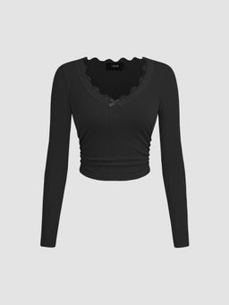 Cider - V-neck Solid Bowknot Lace Ruched Long Sleeve Crop Top