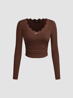 Cider - V-neck Solid Bowknot Lace Ruched Long Sleeve Crop Top