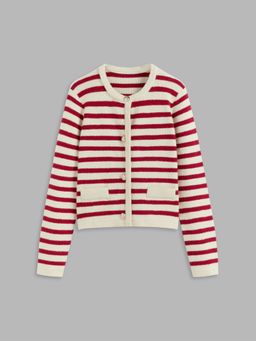 Cider - Knitted Round Neckline Striped Button Cardigan