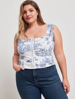 Cider - Toile de Jouy Square Neck Bowknot Crop Tank Top Curve & Plus