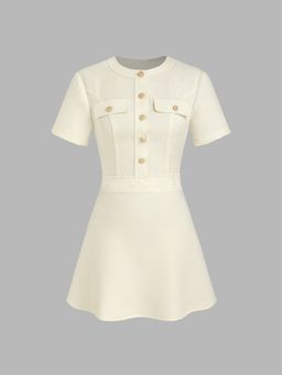Cider - Round Neckline Solid Button Short Sleeve Mini Dress