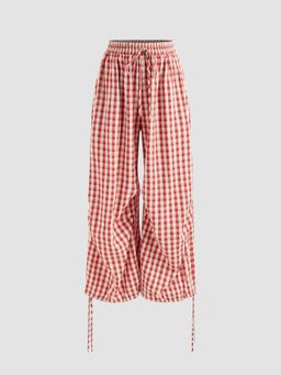 Cider - Mid Rise Gingham Knotted Drawstring Pocket Wide Leg Trousers