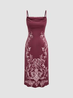 Cider - Velvet Cowl Neck Paisley Ruched Midi Dress