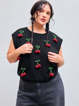 Cider - Wool-blend Round Neckline Cherry Knitted Vest Curve & Plus