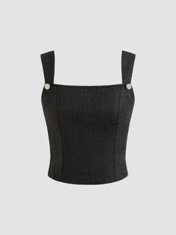 Cider - Tweed Collarless Solid Bowknot Crop Tank Top