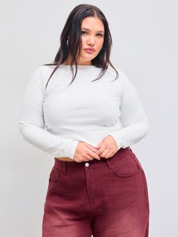 Cider - Cotton-blend Boat Neckline Solid Ruched Long Sleeve Crop Tee Curve & Plus