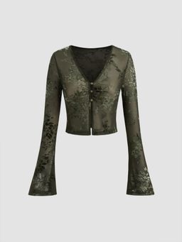 Cider - V-neck Floral See-through Cropped Bell Sleeve Blouse