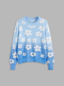 Cider - Knit Round Neckline Gradient Floral Sweater